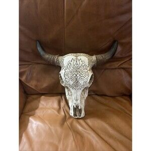 Rustic Tribal Bull Head Wall Art - Tooled White Bull Skull Wall Art